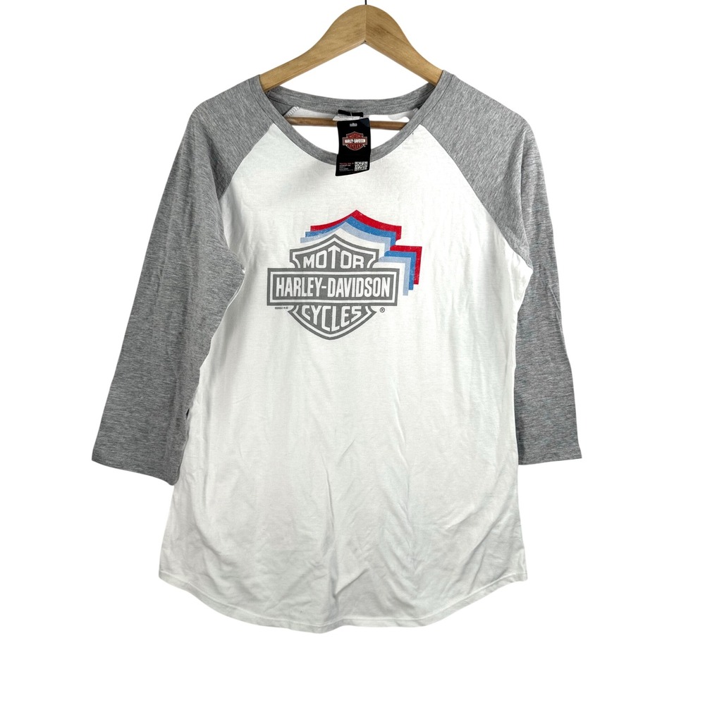 Harley Davidson Raglan XL White Grey Biker Graphic Tee San Jose Skull 3/4 Sleeve